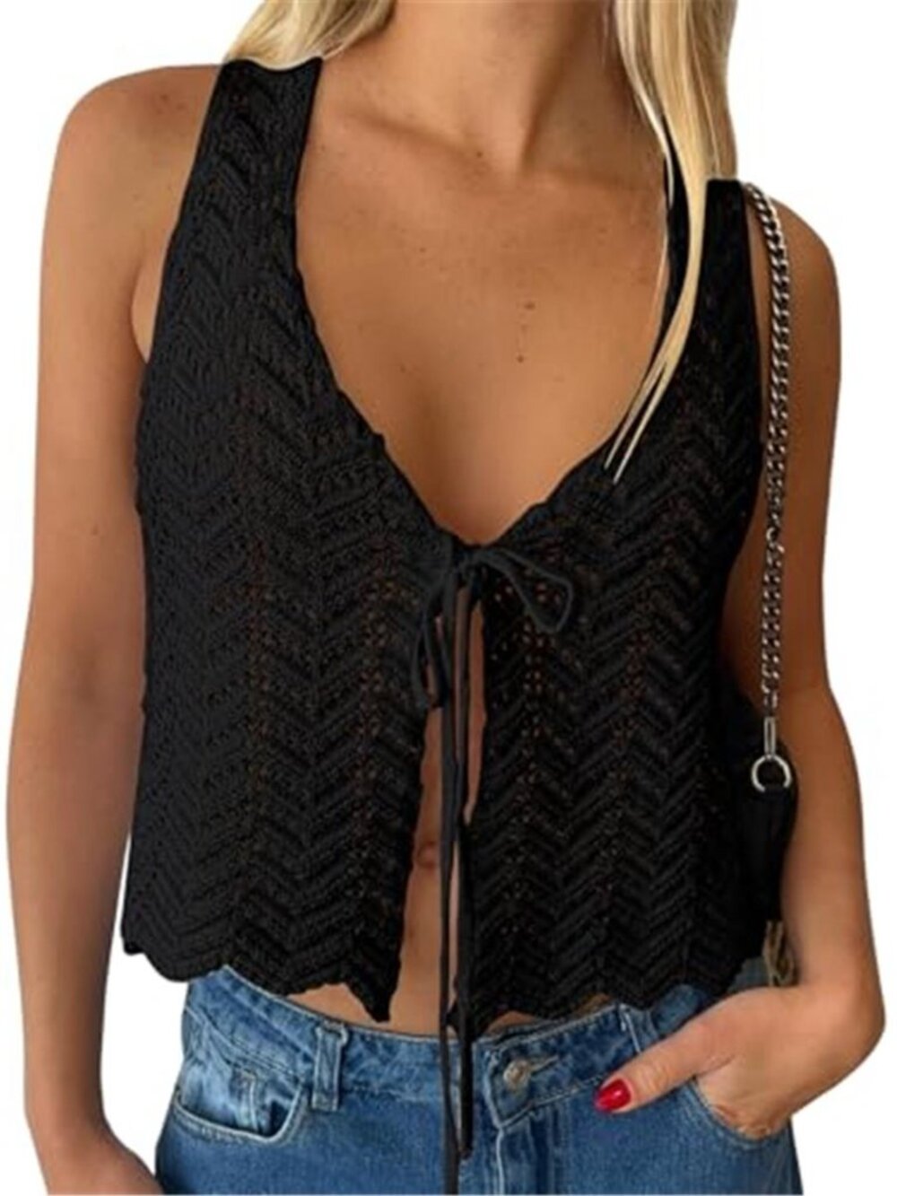 Womens Crochet Cover Up V Neck Knit Tank Top Boho Beach Festival Y2K Top